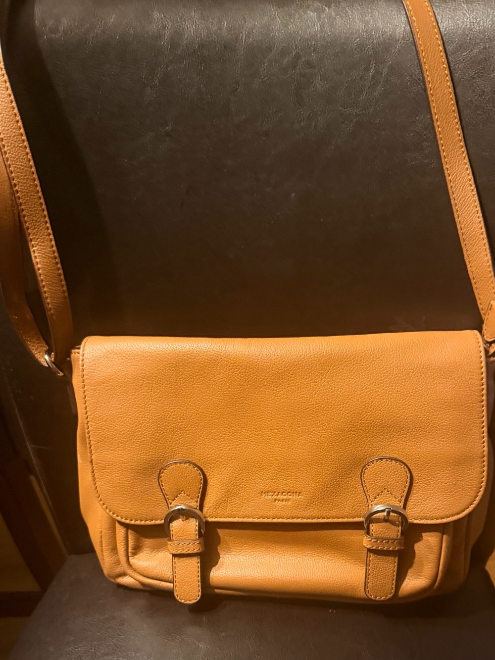 Tan Leather Messenger Bag with Buckle Accent